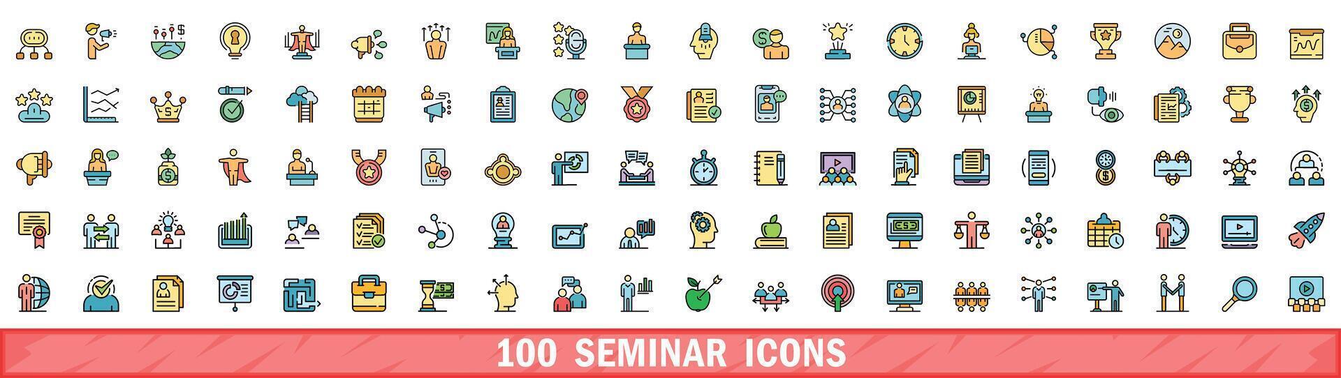 100 seminar icons set, color line style vector