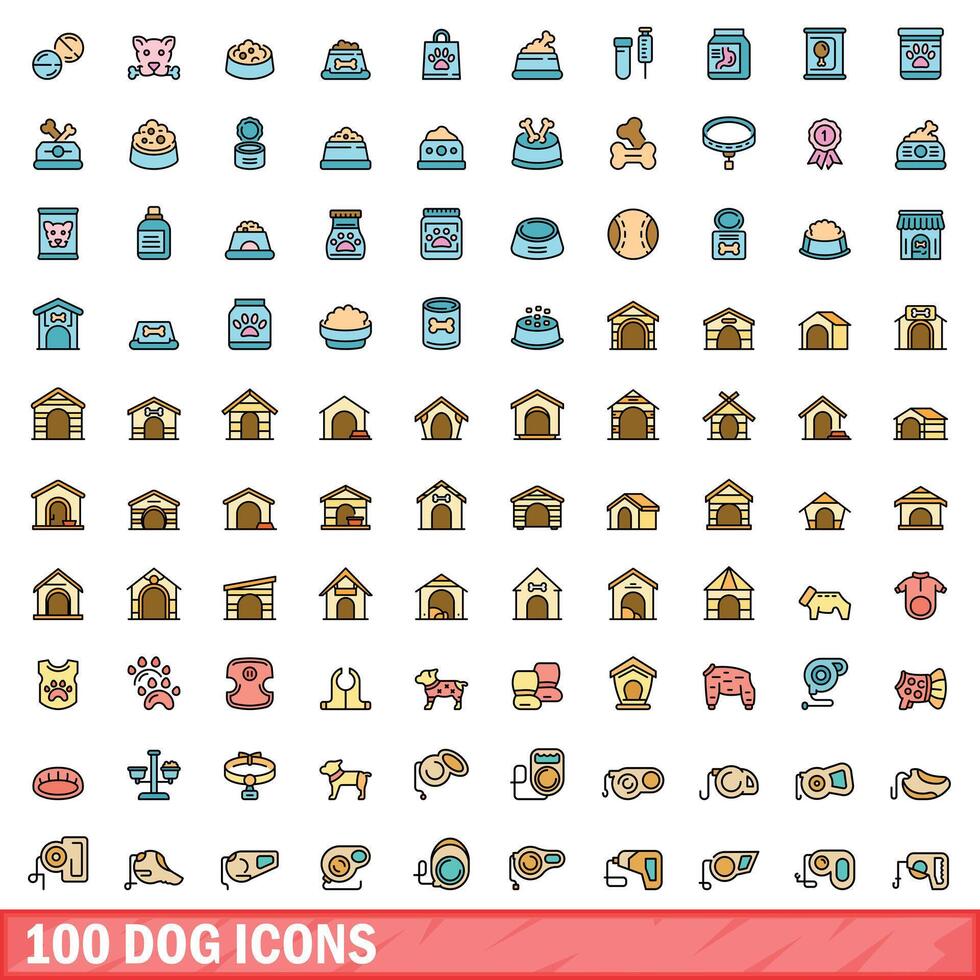 100 dog icons set, color line style vector