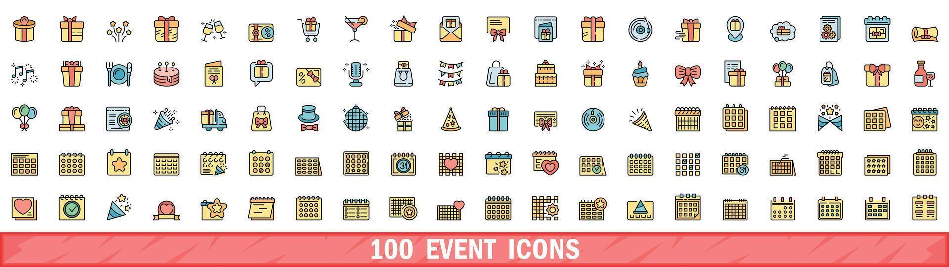 100 event icons set, color line style vector