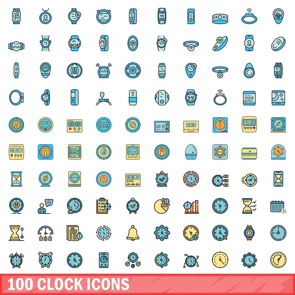 100 clock icons set, color line style vector