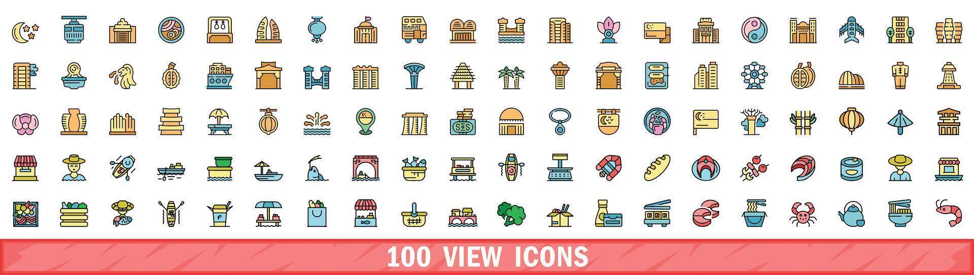 100 view icons set, color line style vector