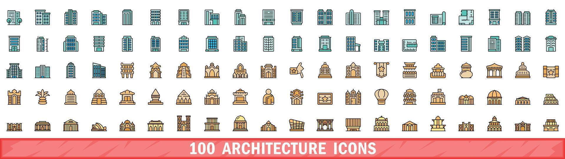100 architecture icons set, color line style vector