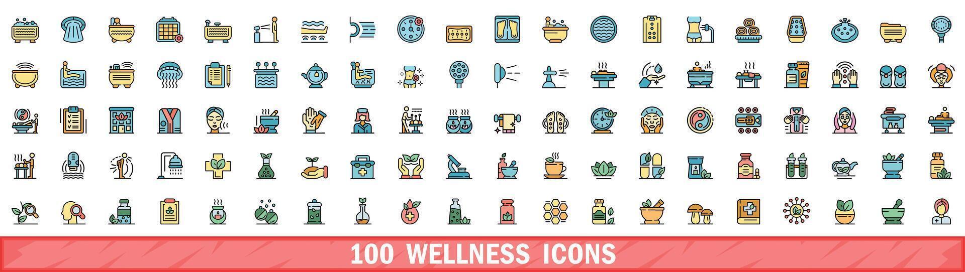 100 bienestar íconos colocar, color línea estilo vector