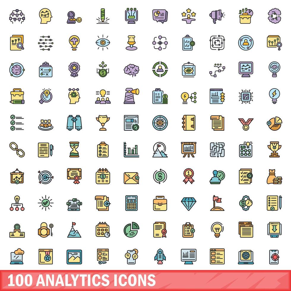 100 analytics icons set, color line style vector