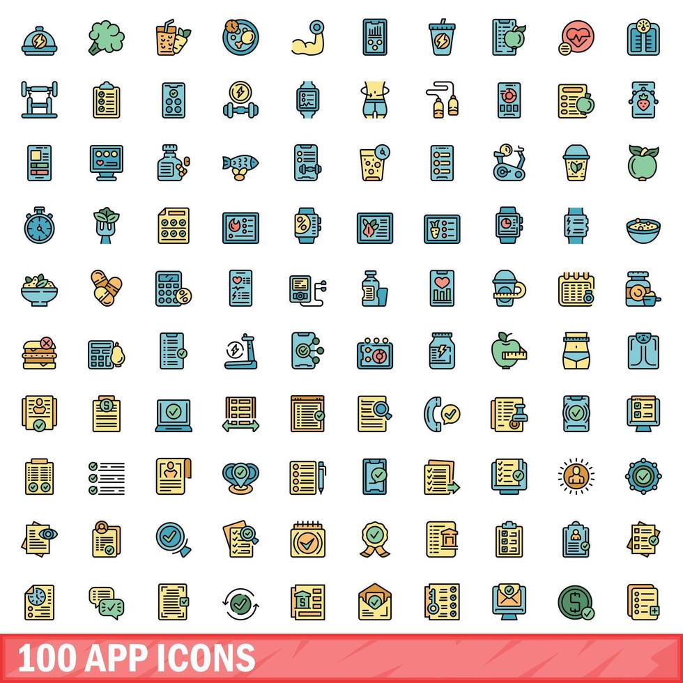 100 app icons set, color line style vector