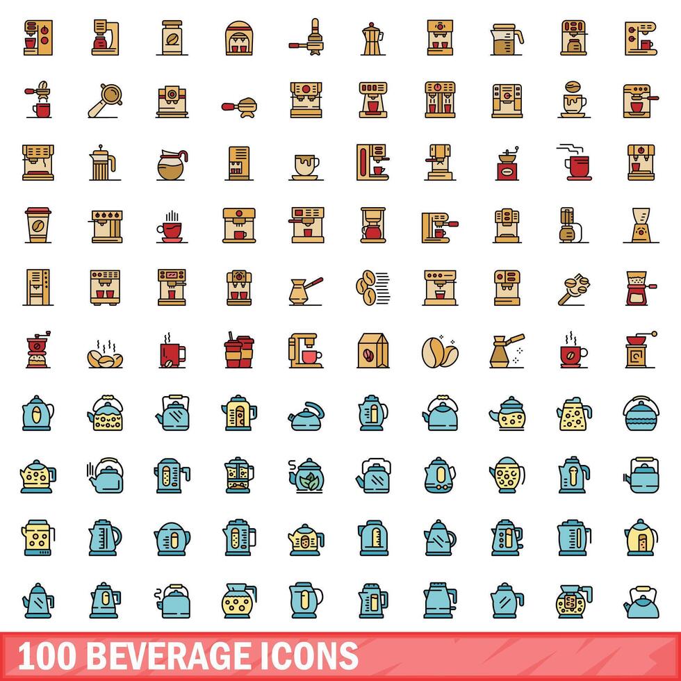 100 beverage icons set, color line style vector