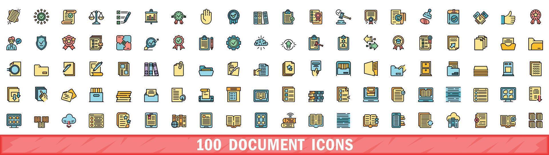 100 document icons set, color line style vector