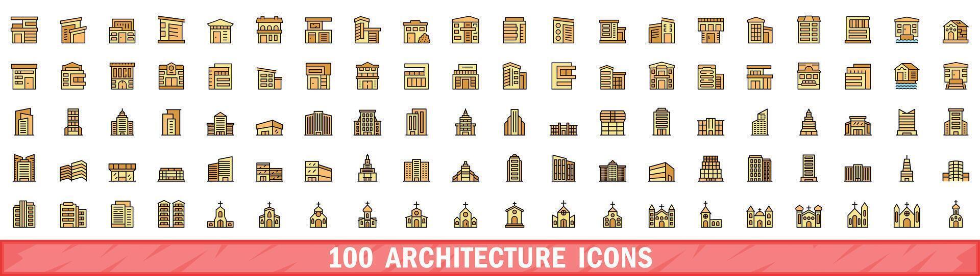 100 architecture icons set, color line style vector