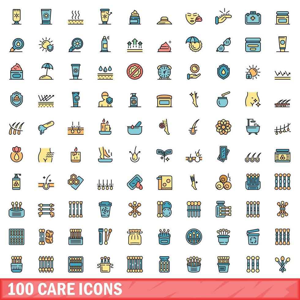 100 cuidado íconos colocar, color línea estilo vector