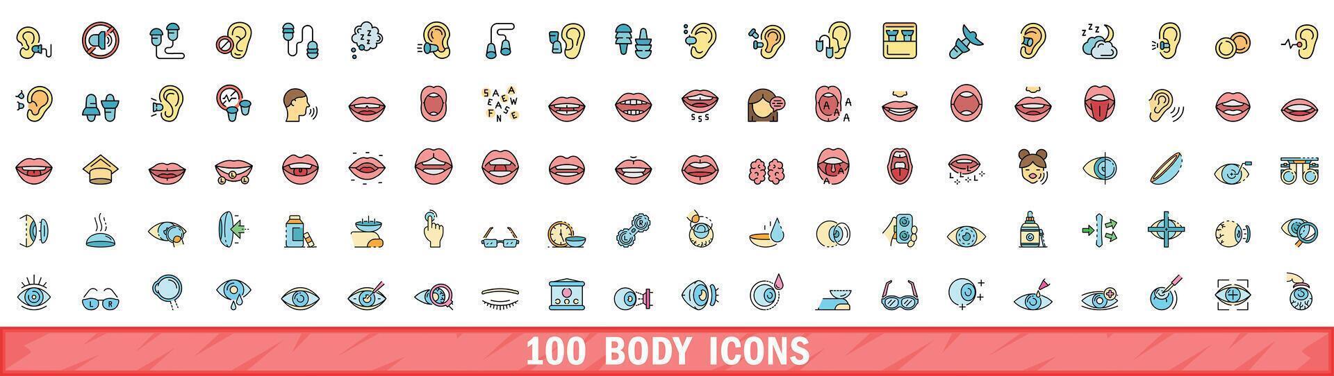 100 body icons set, color line style vector