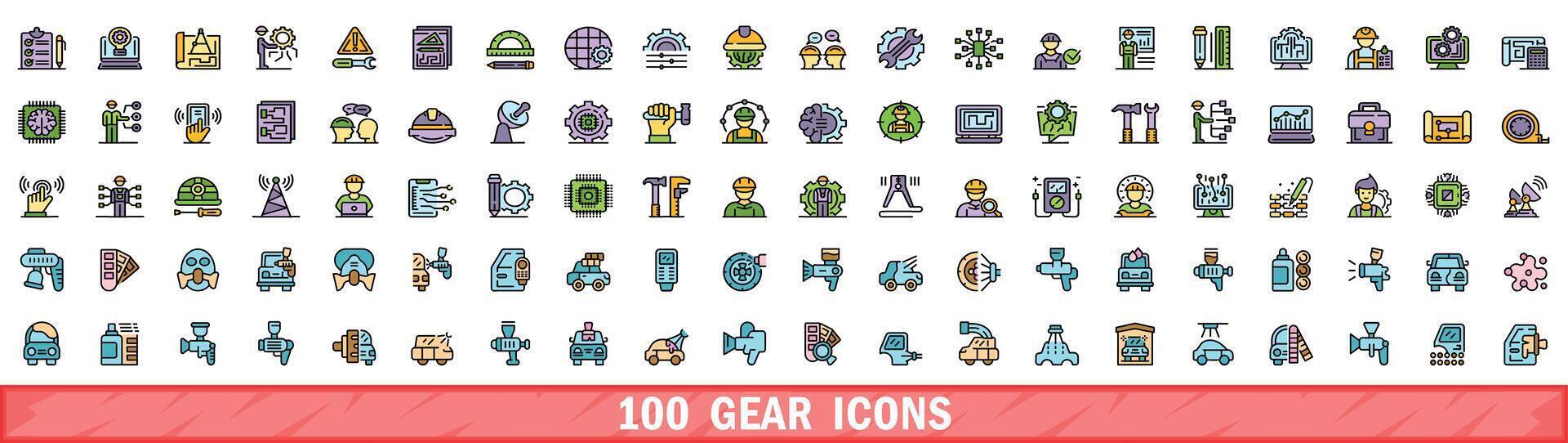 100 gear icons set, color line style vector