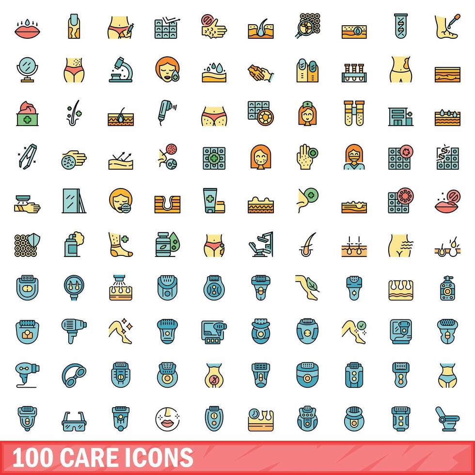 100 care icons set, color line style vector