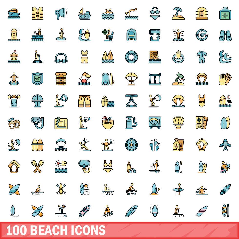100 beach icons set, color line style vector