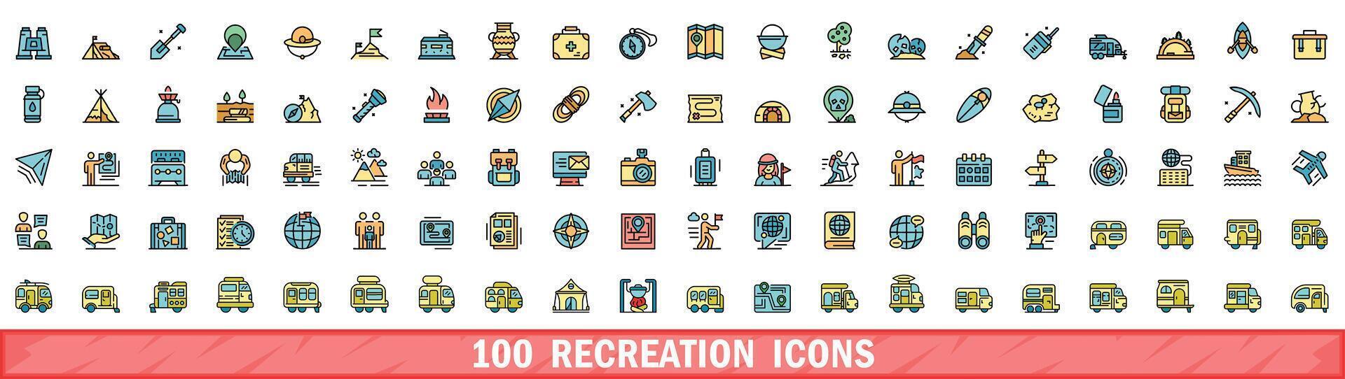 100 recreation icons set, color line style vector