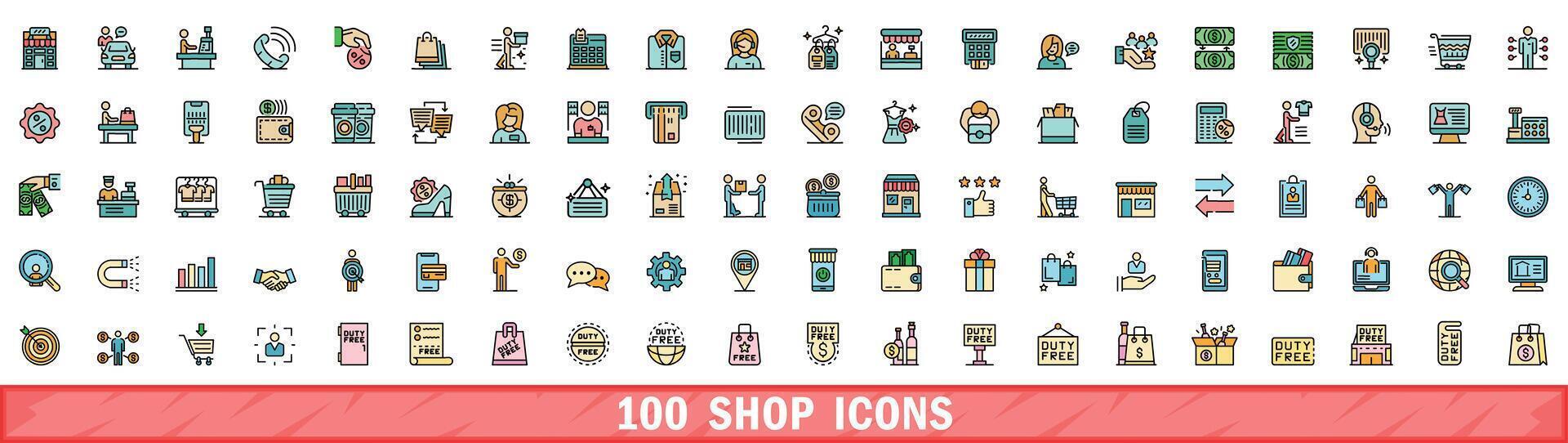 100 shop icons set, color line style vector