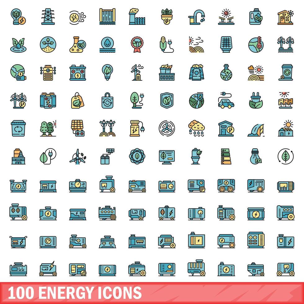 100 energy icons set, color line style vector