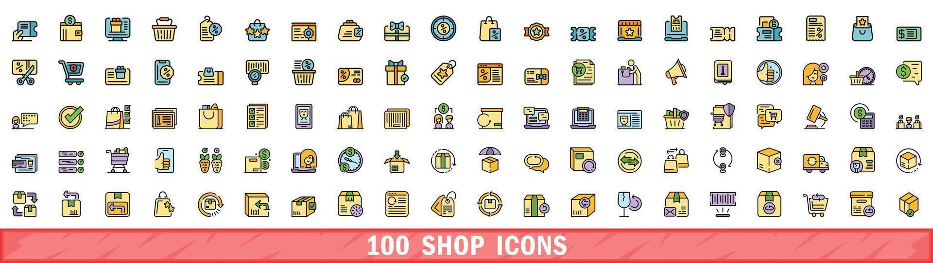 100 shop icons set, color line style vector