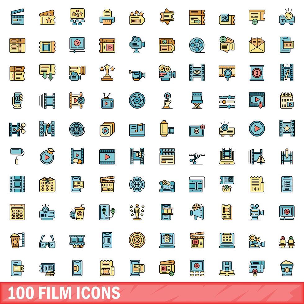100 film icons set, color line style vector