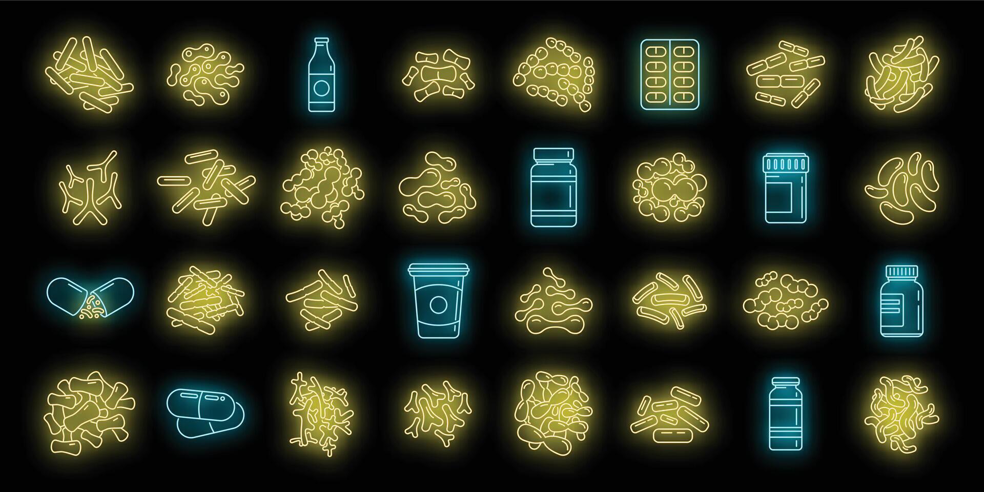 Probiotics microbiology icons set vector neon