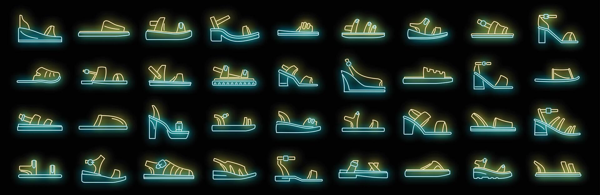 sandalias, iconos, conjunto, vector, neón vector