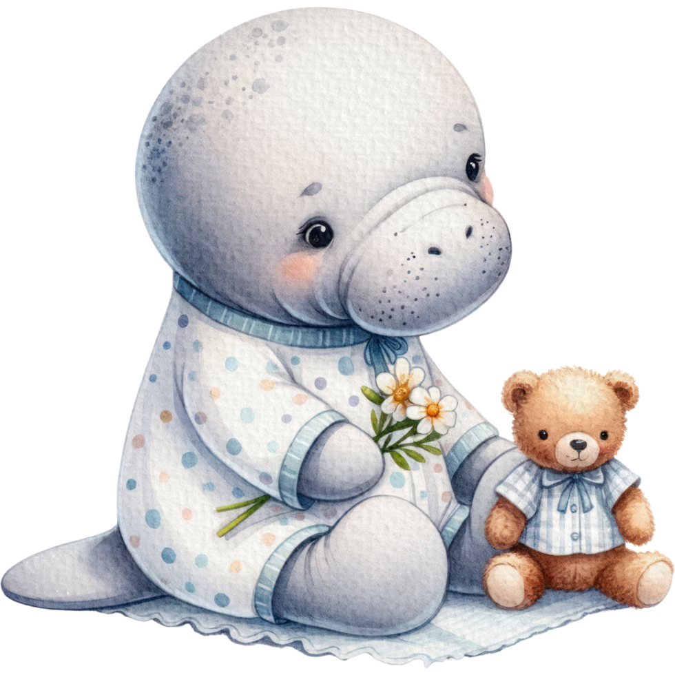 AI generated Manatee in Pajamas cute cartoon watercolor isolate png