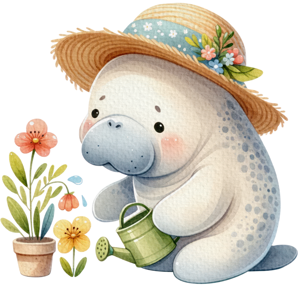 AI generated Gardener Manatee cute cartoon watercolor isolate png