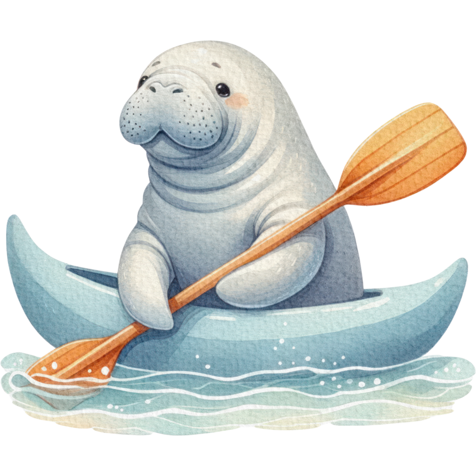 AI generated Manatee in a Kayak cute cartoon watercolor isolate png