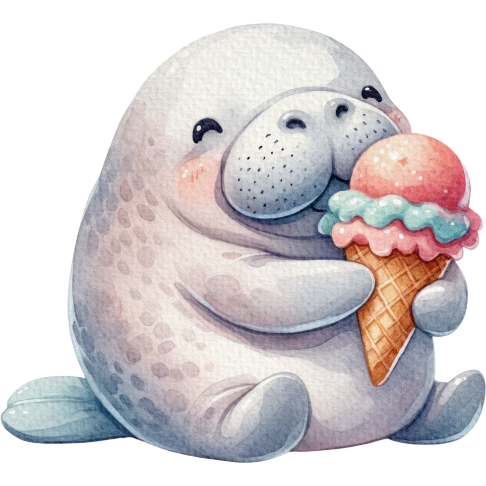 AI generated Manatee with Ice Cream cute cartoon watercolor isolate png