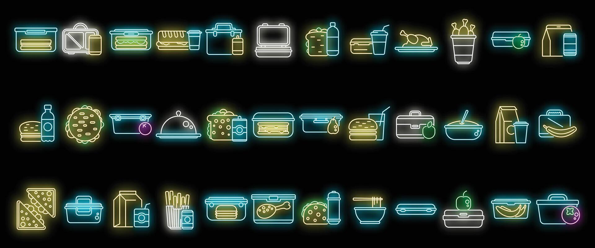 almuerzo, iconos, conjunto, vector, neón vector