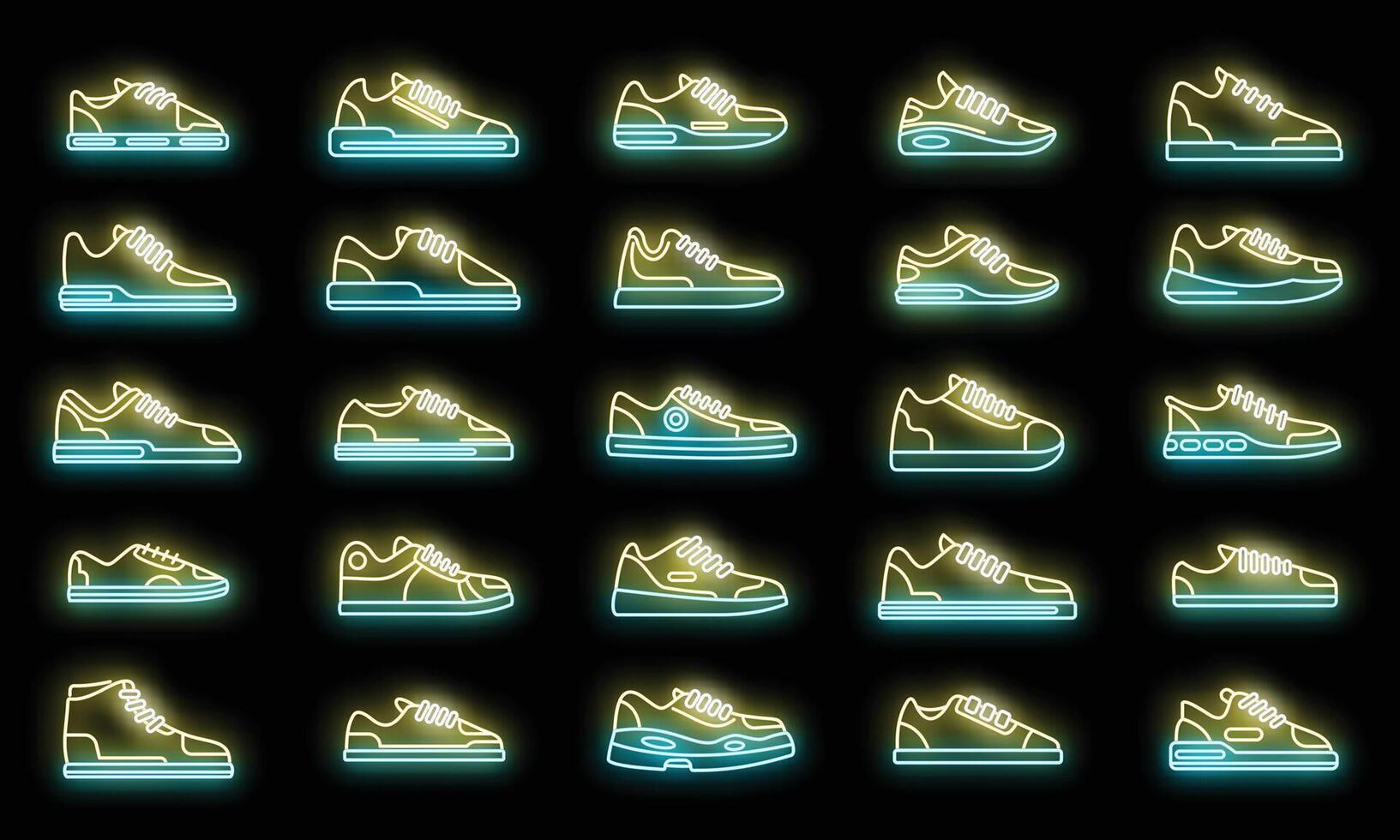 zapatillas, iconos, conjunto, vector, neón vector