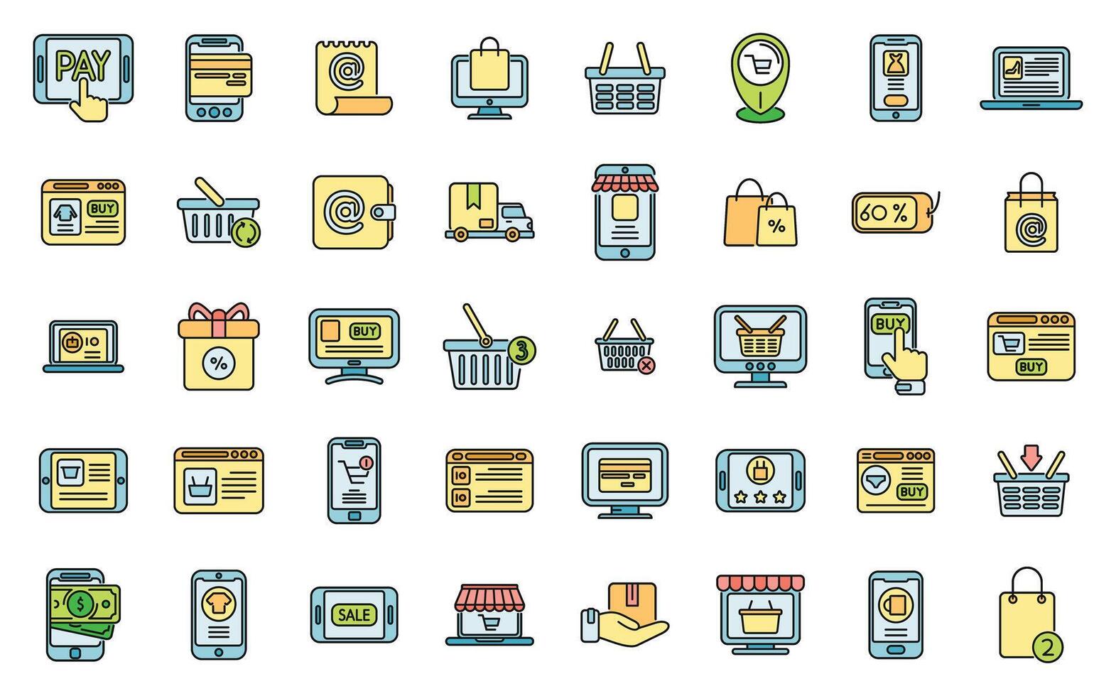 Online shopping icons set vector color