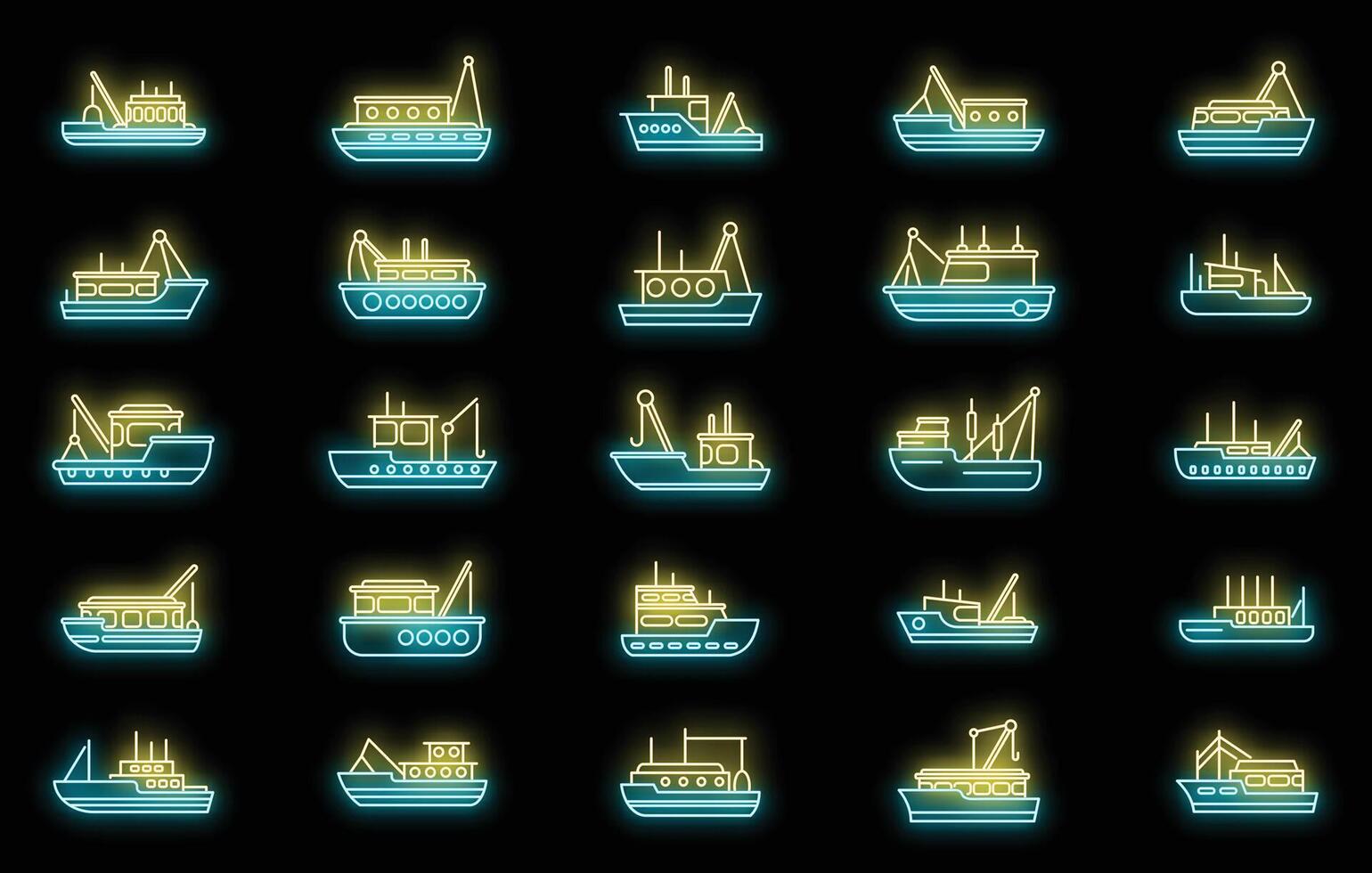 barco de pesca, iconos, conjunto, vector, neón vector