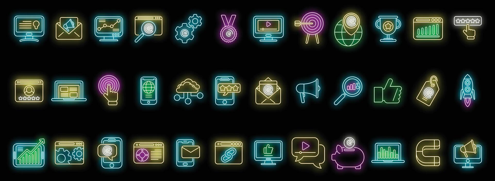 Online marketing icons set vector neon