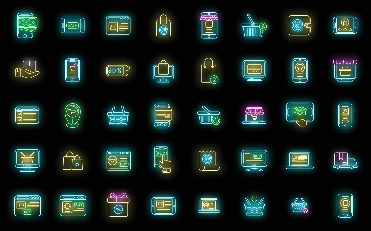 Online shopping icons set vector neon