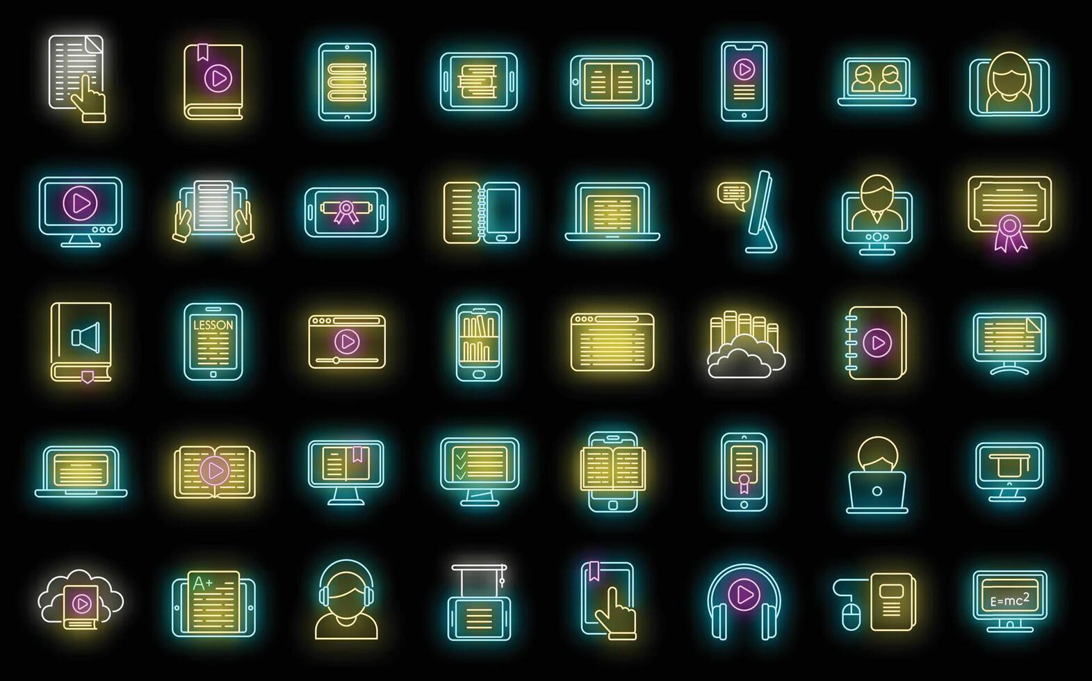 Online training icons set vector neon