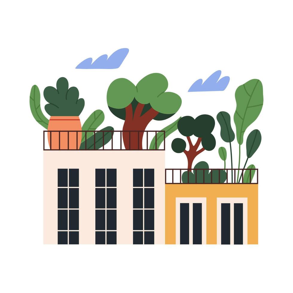 verde edificio con plantas en techo vector