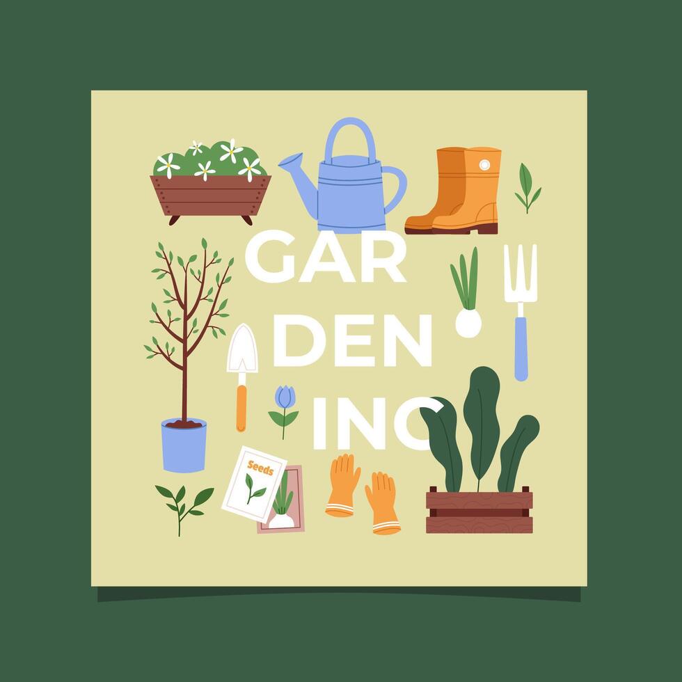 texto ilustración de jardinería herramientas vector