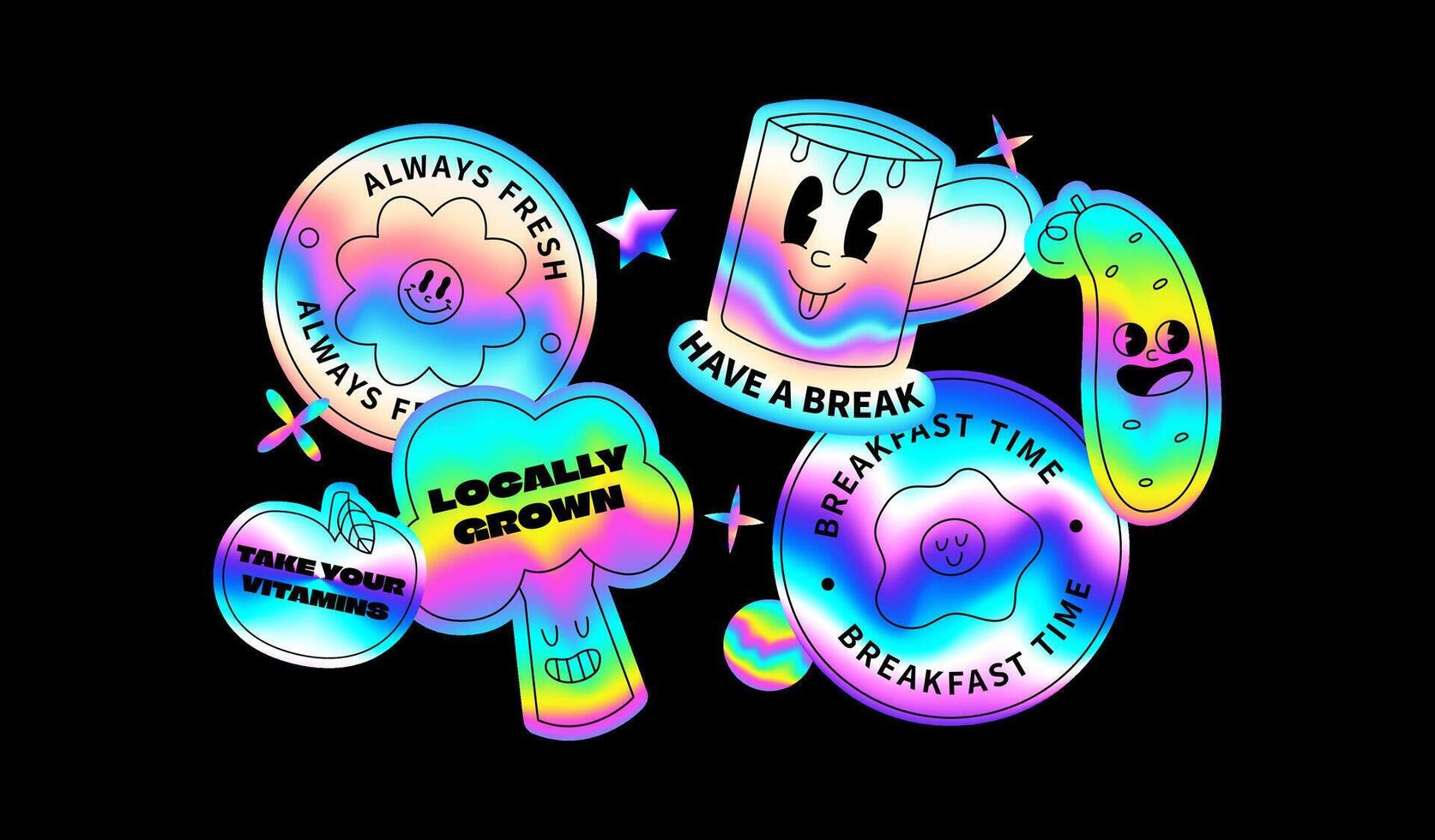 Holographic stickers with retro food vector