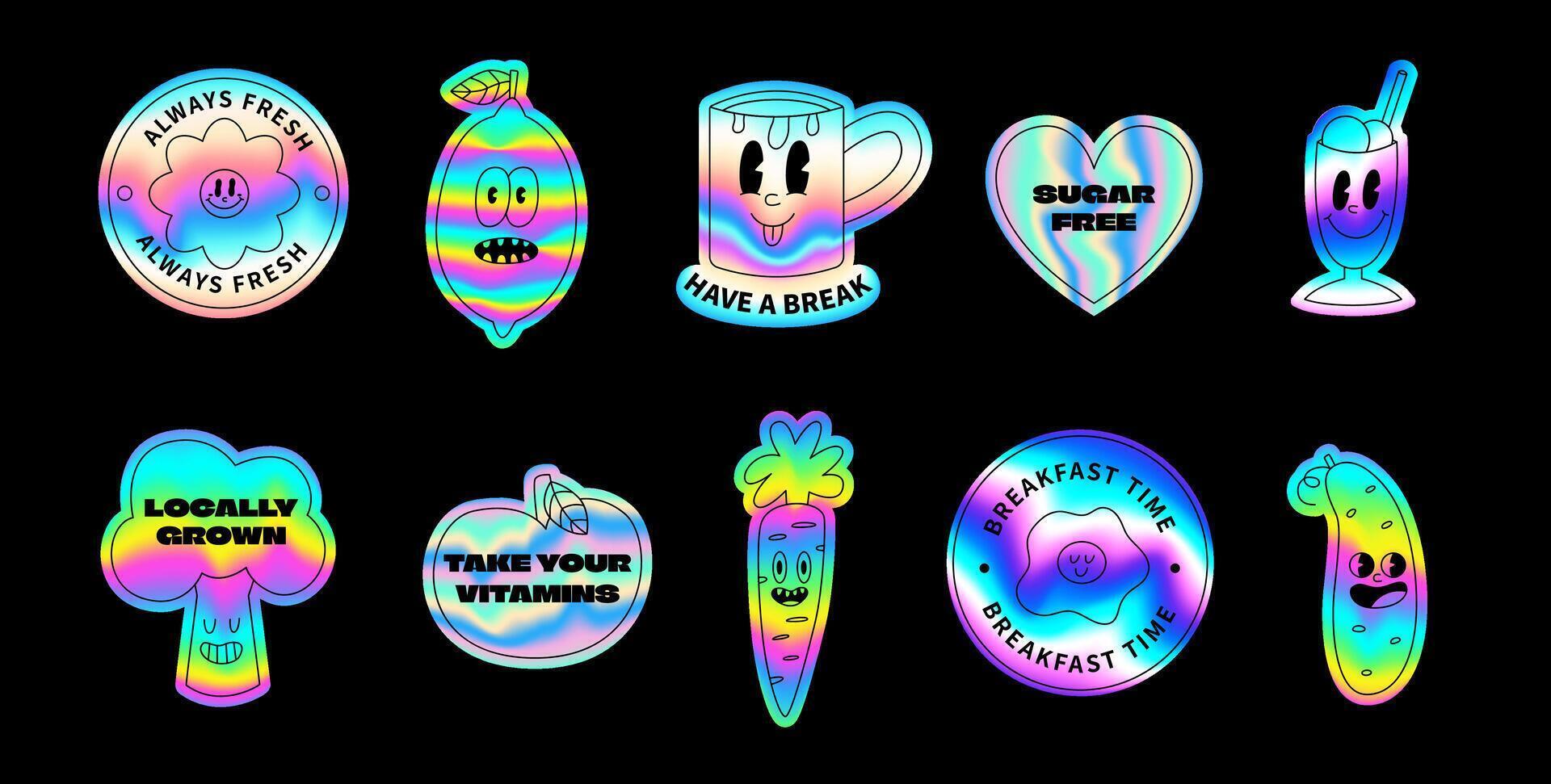 Food trendy holographic stickers vector