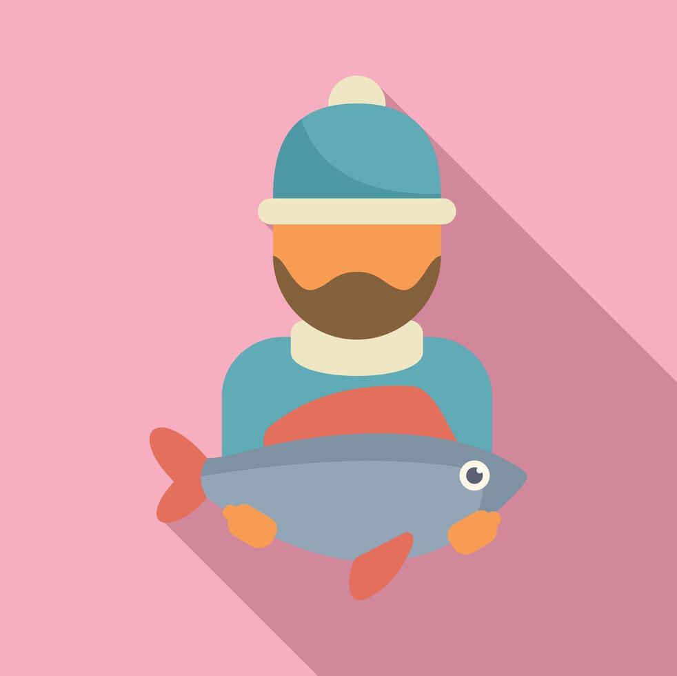 Ice fisher catch big fish icon flat vector. Camping snow vector