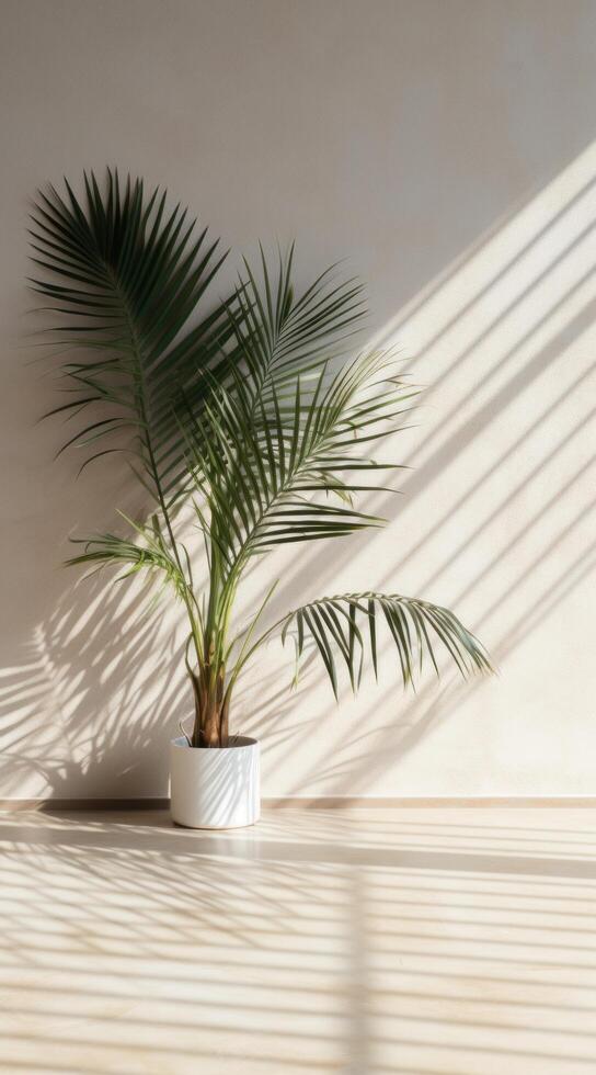 AI generated a palm leaf shadow is seen on the tiled floor photo