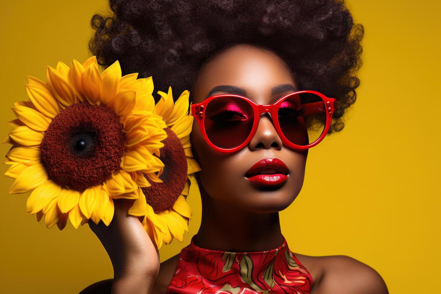 AI generated a black woman wearing sunglasses and holding a yellow sunflower photo