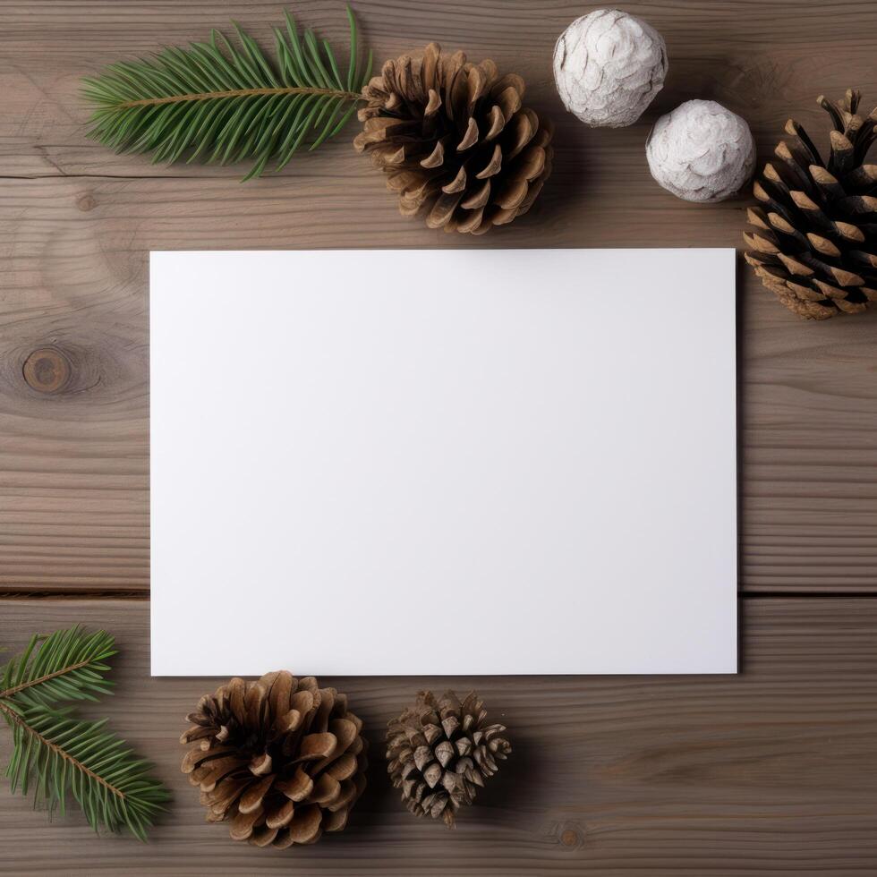 AI generated a blank white card is placed on top of pine cones photo