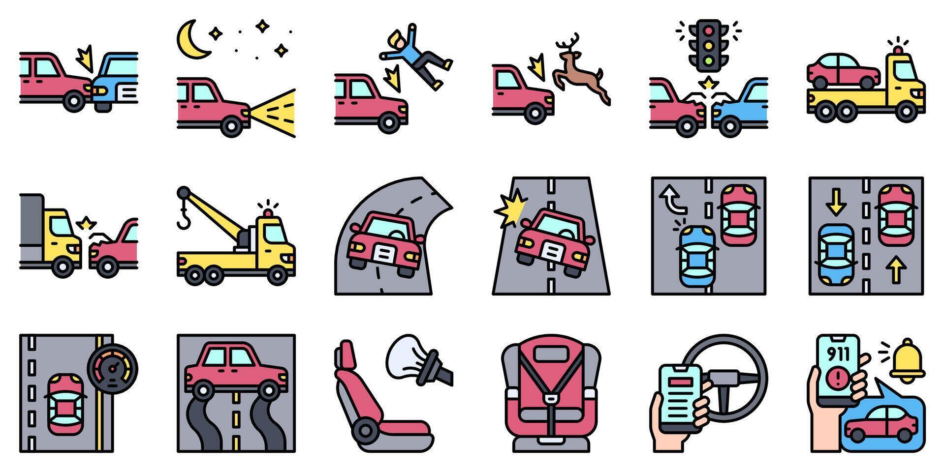 Car accident and safety related filled icon set 2 vector