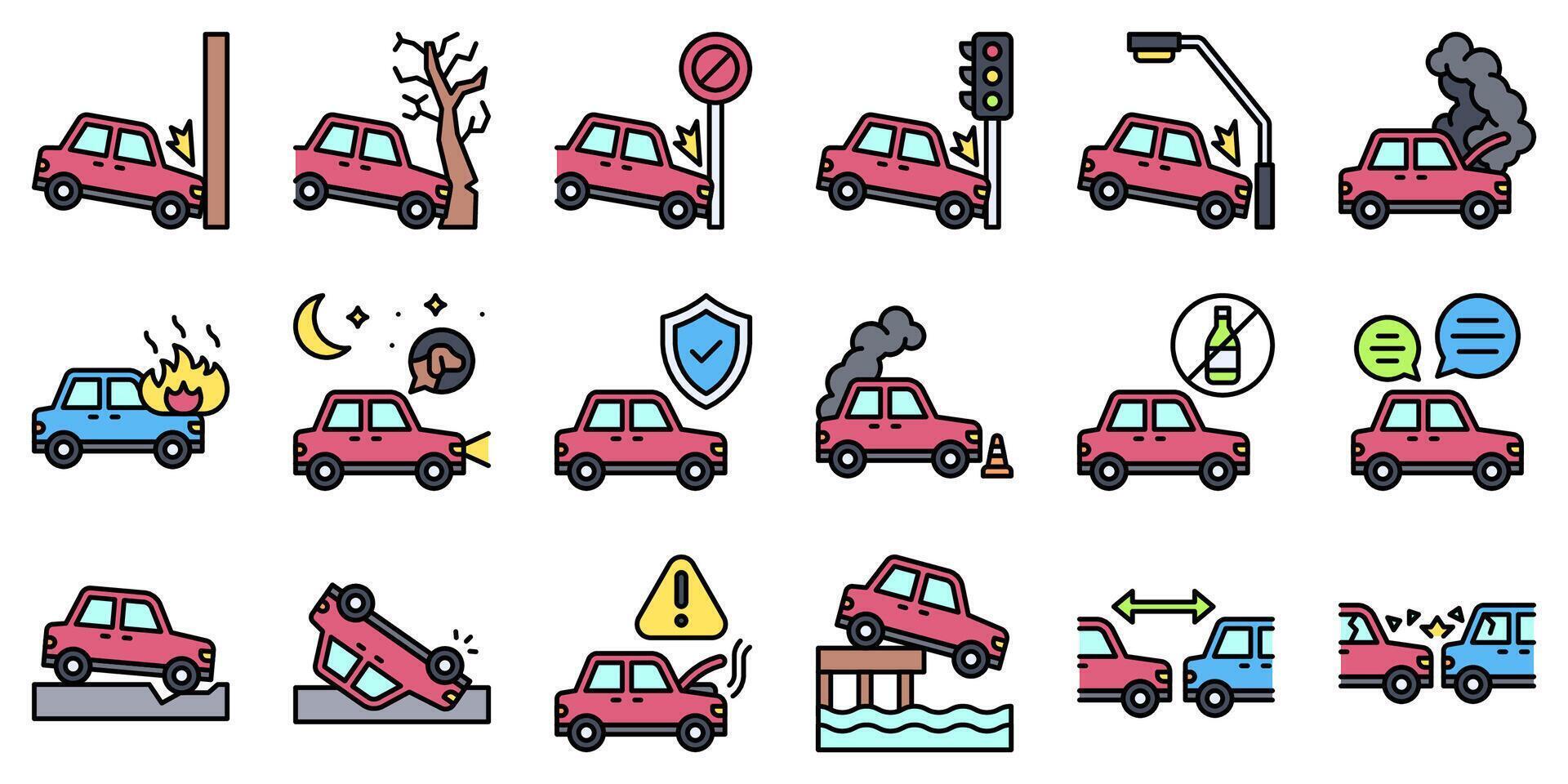 Car accident and safety related filled icon set 1 vector