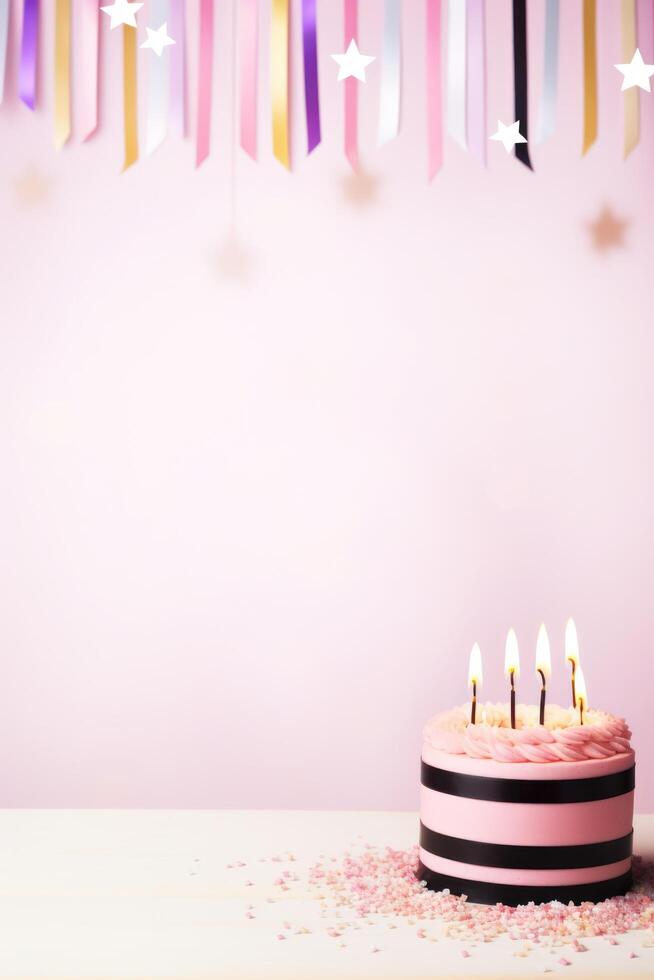 AI generated birthday holiday background, cakes with candles and copy space photo