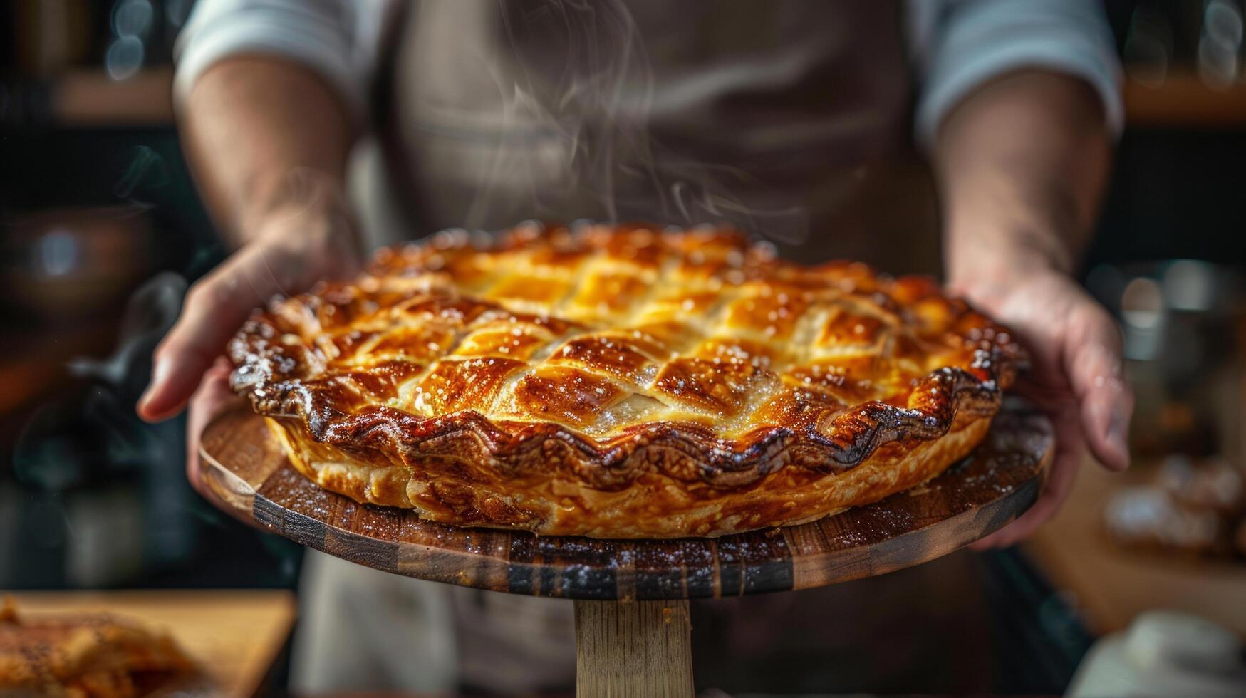 AI generated Person Holding Pizza on Wooden Platter photo