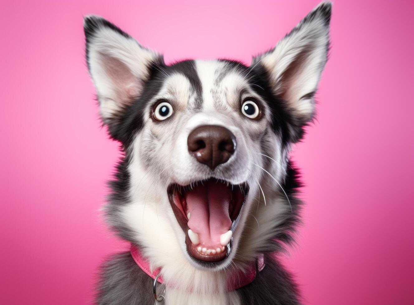 ai generado un perro es en pie en un rosado antecedentes con sus lengua fuera foto