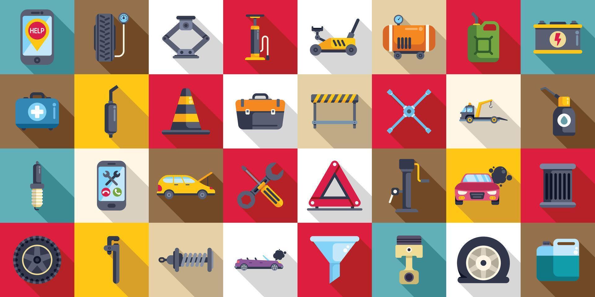 Roadside assistance icons set flat vector. Car accident insurance vector