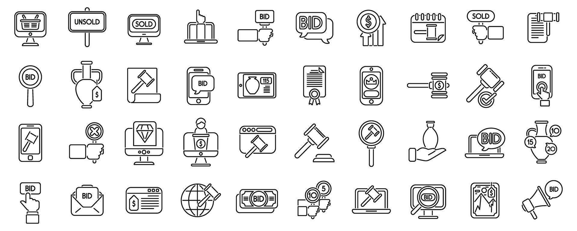 Online auction icons set outline vector. Bid property law vector